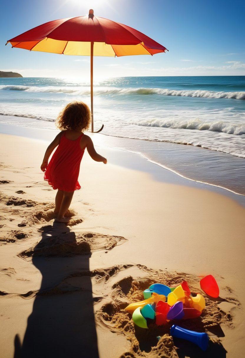 A sunlit beach scene capturing joyful children playing in the sand, spontaneous laughter frozen in time. Include vibrant beach toys scattered around, a backdrop of gentle waves, and colorful beach umbrellas swaying in the breeze. The moment should feel warm and inviting, radiating pure happiness. super-realistic. vibrant colors. bright blue sky.