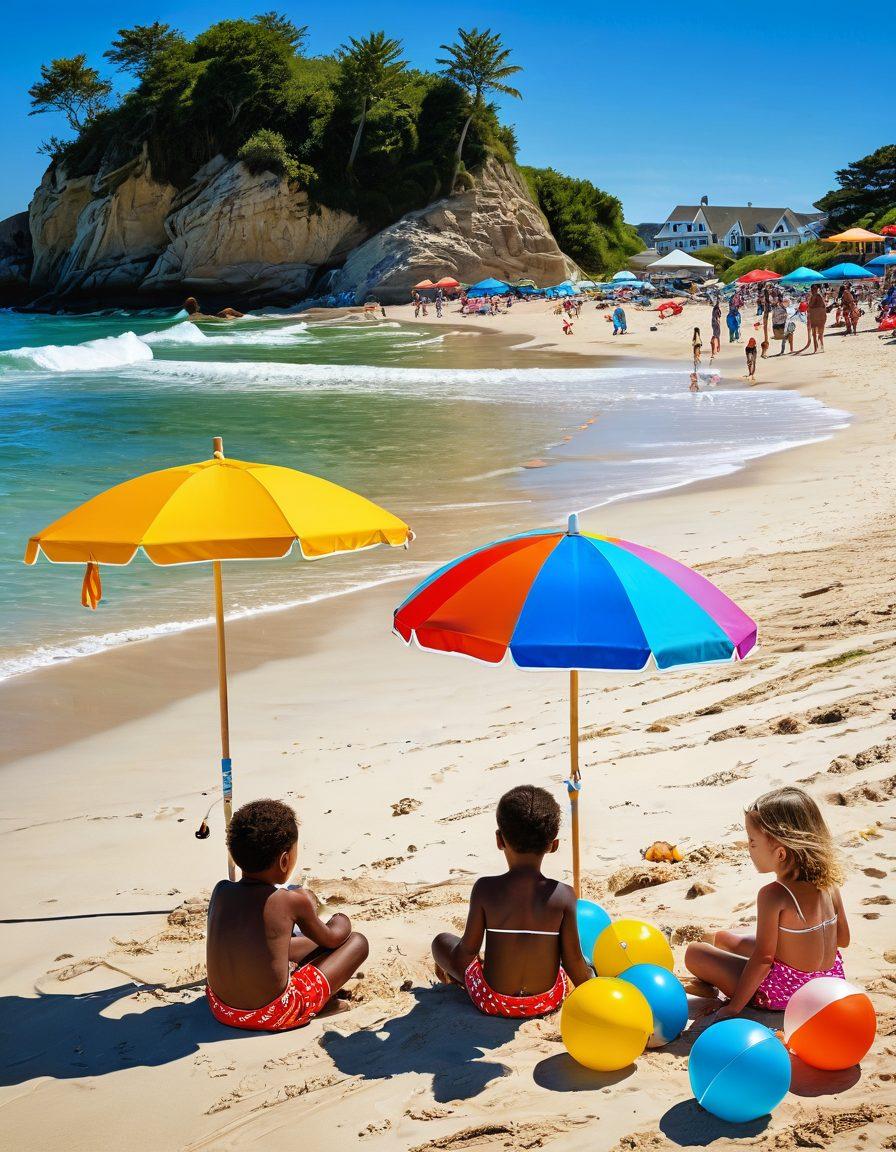 A vibrant beach scene featuring children happily playing in colorful swimwear, showcasing various styles from bikinis to swim trunks. Include playful elements like beach balls, sandcastles, and sun umbrellas, with clear blue skies and gentle waves in the background. The atmosphere should feel joyful and energetic, emphasizing the spirit of summer fun and adventure. super-realistic. vibrant colors. sunny background.